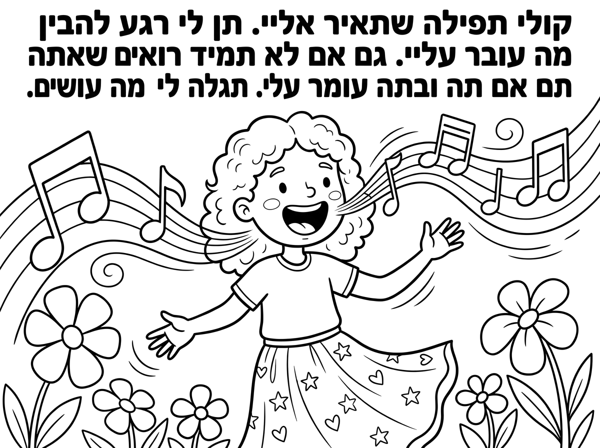 אני רוצה תמונה של ילדה ששרה, לא במיקרופון. שרה. עם שרשום מעלה למעלה וקולי תפילה שתאיר אליי. תן לי רגע להבין מה עובר עליי. גם אם לא תמיד רואים שאתה שומר עליי. תגלה לי מה עושים.
