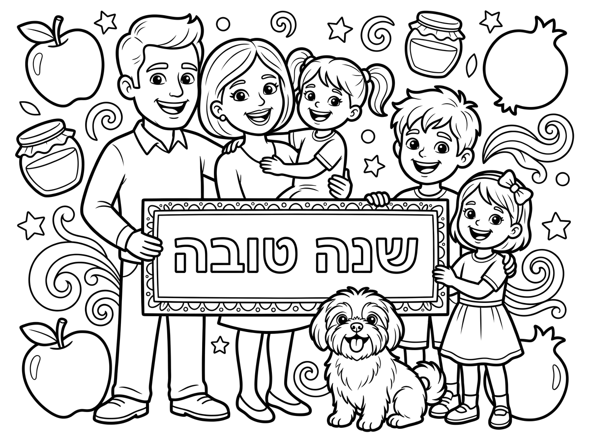 תצייר דף של ילדה בכיתה ב בערך  בבית שמח עם  אח ואחות ואבא ואמא כלב שיצו עם שלט גדול שכתוב שנה טובה