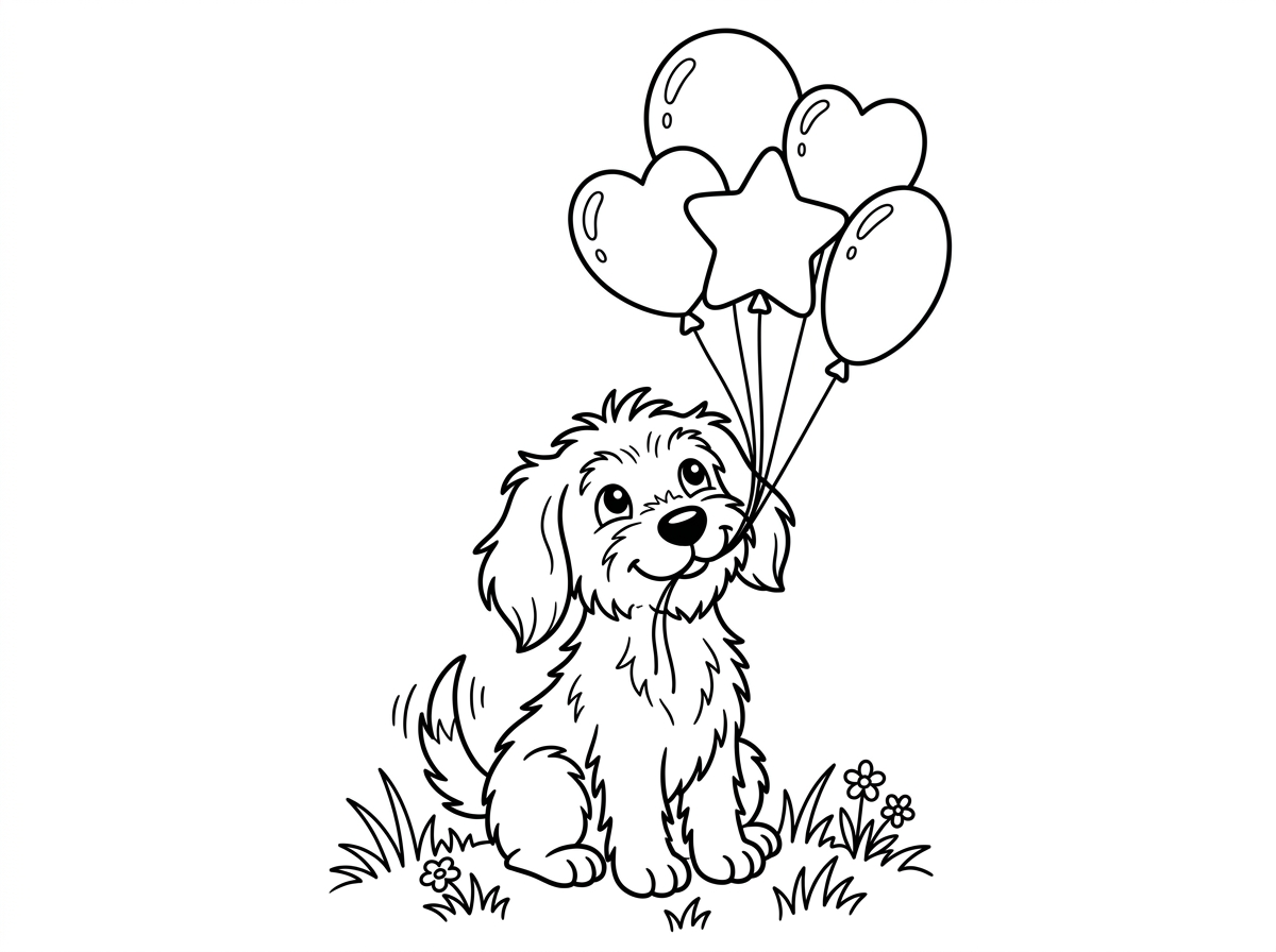 כלב חמוד ומרושל עם אוזניים ארוכות מחזיק בפה חוט שקשור אליו זר של בלונים בצורות שונות. הכלב יושב על דשא וזנבו מכשכש בשמחה. הבלונים מרחפים מעליו בקבוצה.
