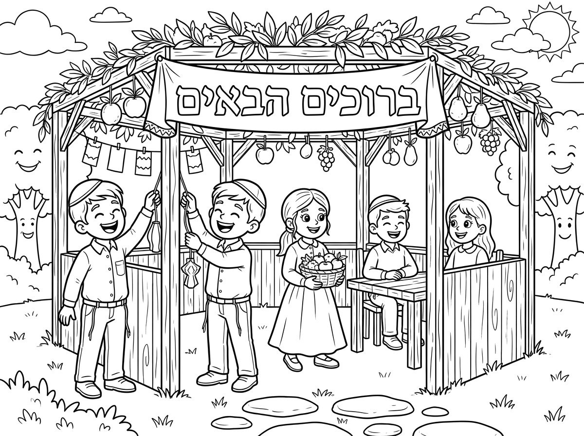 אפשר גם כיתוב
ברוכים הבאים
עם סוכה
ילדים דתיים בנים עם כחפה ובנות עם חצאיות
שמחים